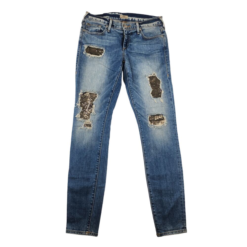 True Religion Jeans Womens 28 Vintage Y2k Gold Sequin Sparkly Casey Faded Skinny